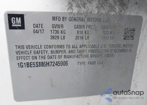 2017 Chevrolet Cruze Lt Auto из США, поврежденный, VIN 1G1BE5SM6H7245906